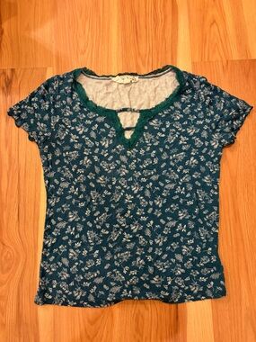Hippie Rose Teal Floral Ribbed Short Sleeve Top